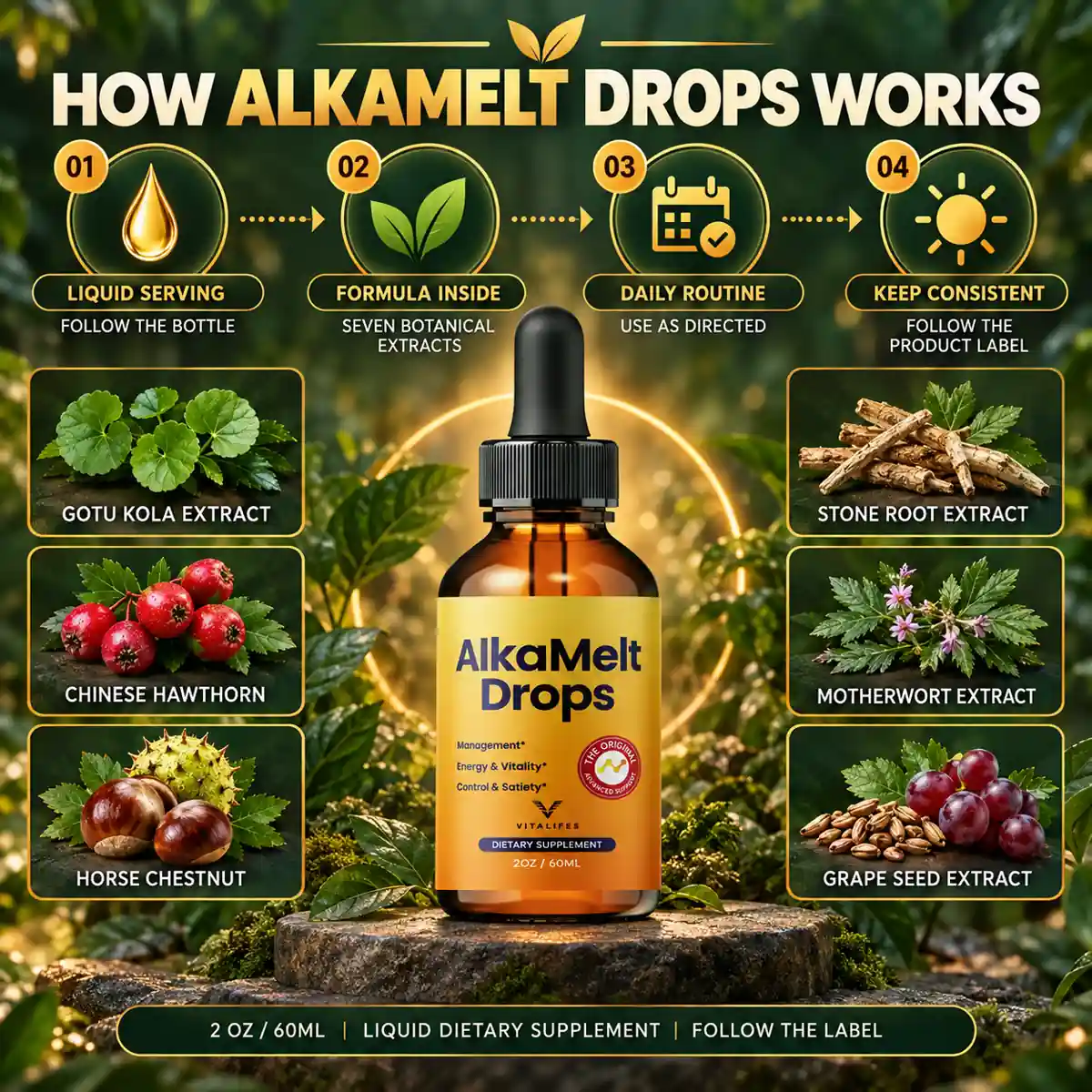 The seller&rsquo;s how-it-works artwork for Alka Melt Drops