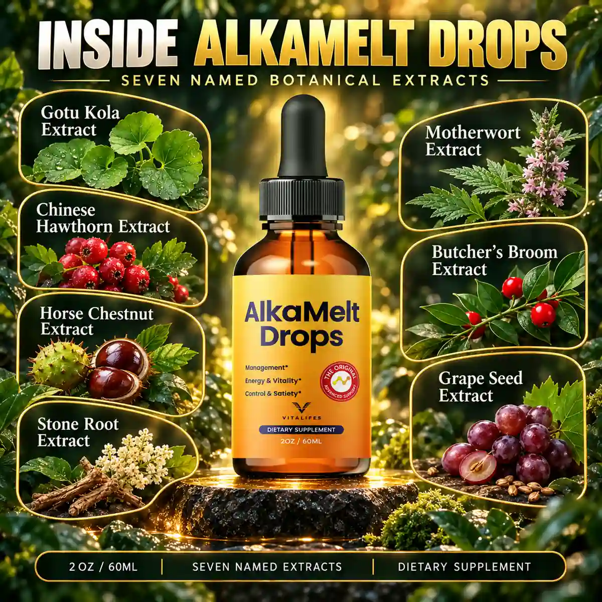 The seller&rsquo;s listing artwork for Alka Melt Drops, naming seven botanical extracts