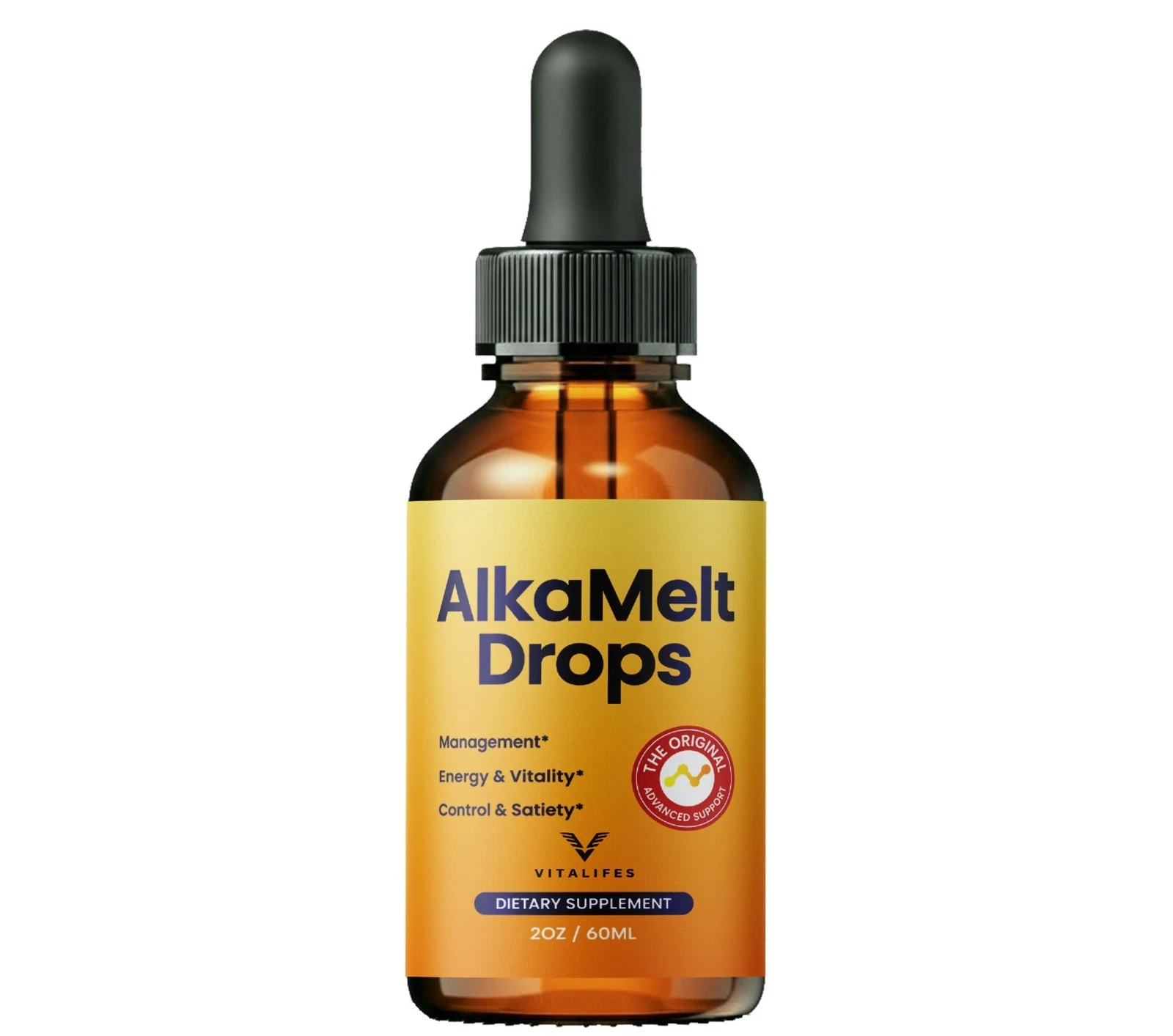 A Alka Melt Drops dropper bottle, front label, 2 oz / 60 mL
